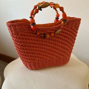 Orange Woven Handbag with Beaded Handles